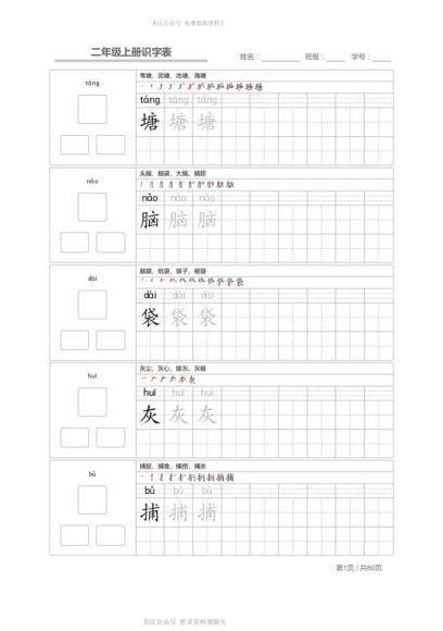 统编版1-6年级语文上册生字字帖多套，网盘下载(174.28M)